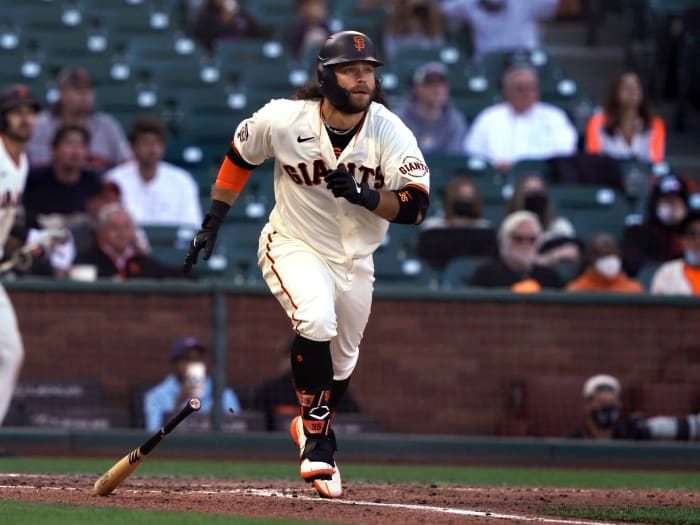 Jun 5, 2021; San Francisco, California, USA; San Francisco Giants shortstop Brandon Crawford (35) hits a double during the fifth inning against the Chicago Cubs at Oracle Park.